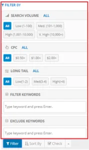 SEMScoop filter options for search volume, CPC, and long tail keywords